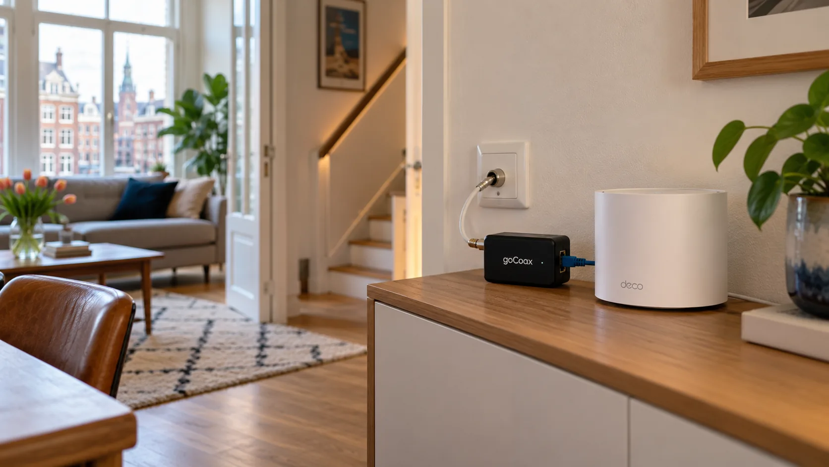Illustratie van een witte Deco X50-router met netwerkadapter naast een wandcontactdoos