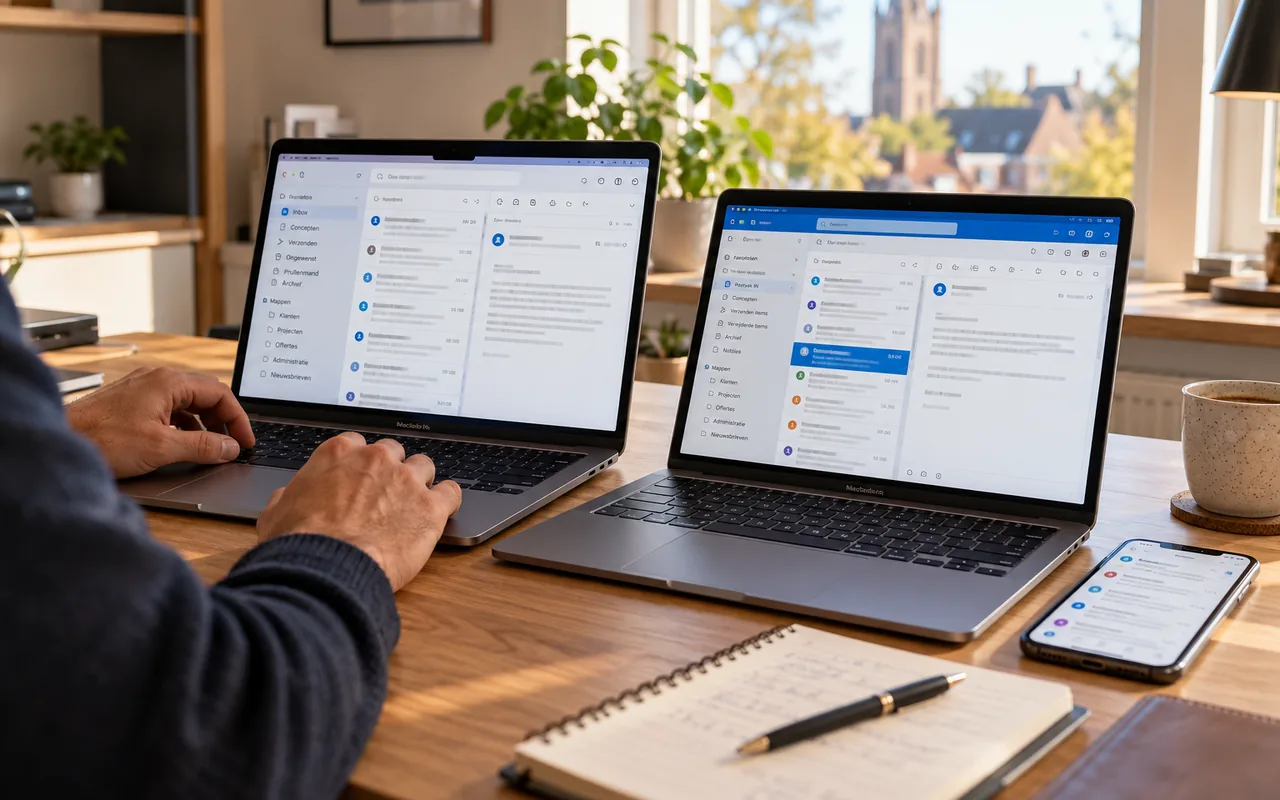Illustratie van twee MacBooks met e-mailprogramma’s bij een overstap van Apple Mail naar Outlook